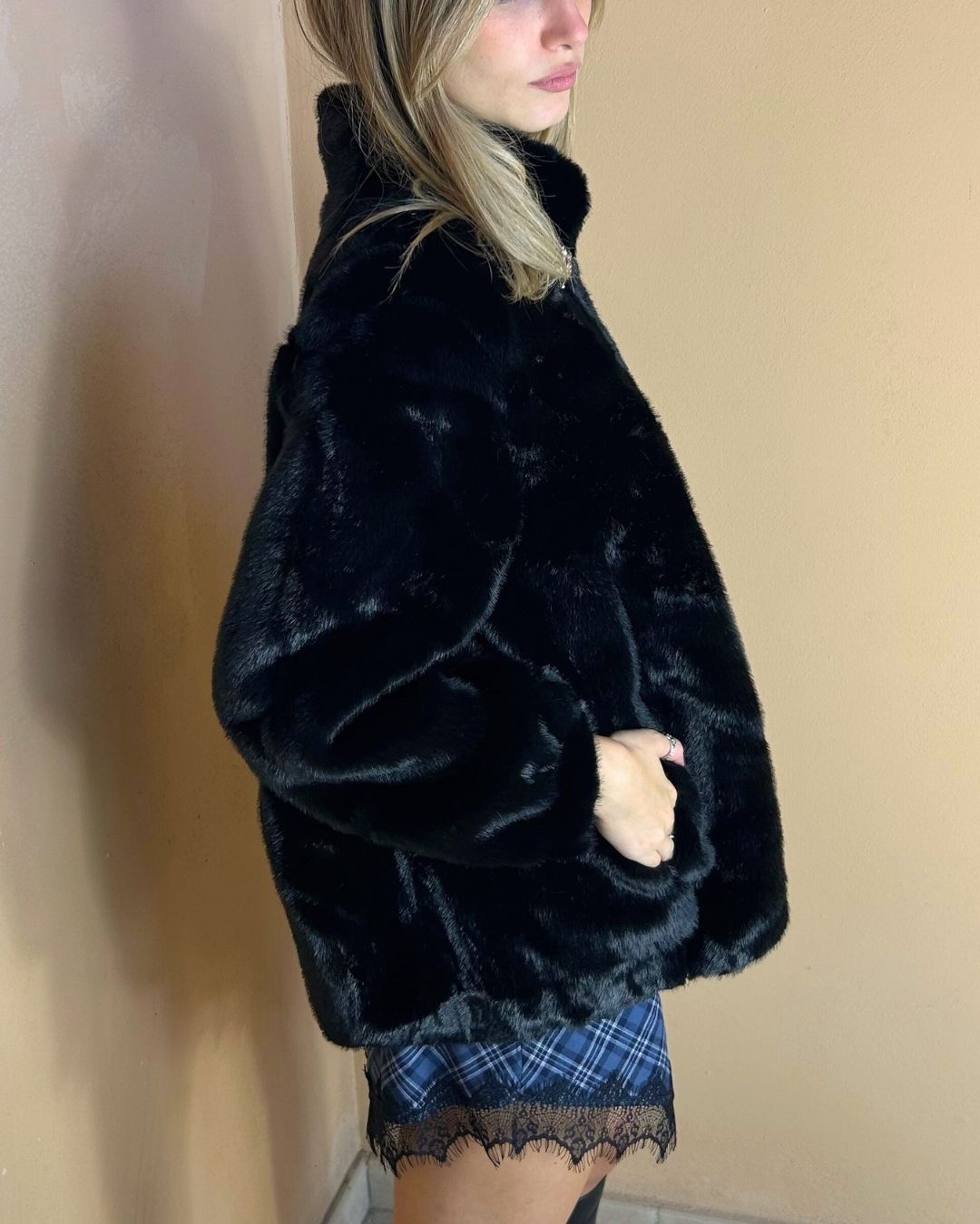 ECO FUR BOMBER JACKET WITH BUTTON